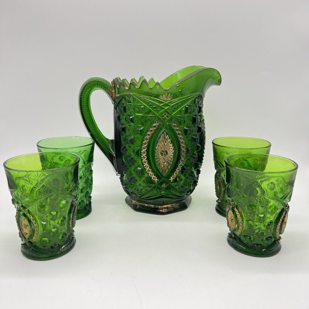 Northwood Green Glass Pitcher Set 4‎ Glasses Memphis Pattern EAPG Gold Trim Read